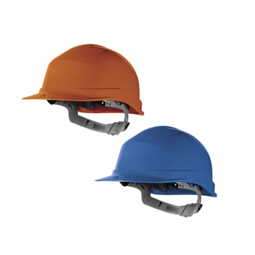 Casques de protection bleu et orange