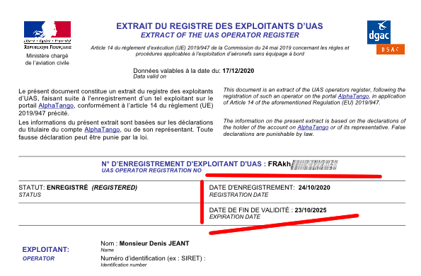 Extrait du registre d'exploitant