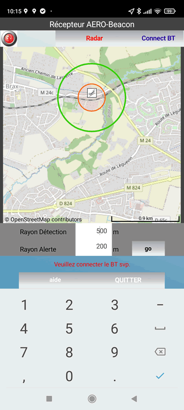 Saisie distance de détection et alerte du mode RADAR