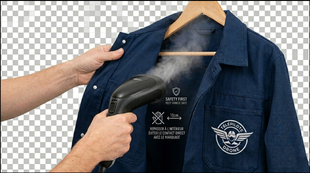 Utilisateur de défroisseur sur des marquages de vêtements