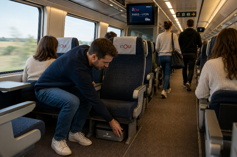 A bord d'un train avec des batteries au lithium