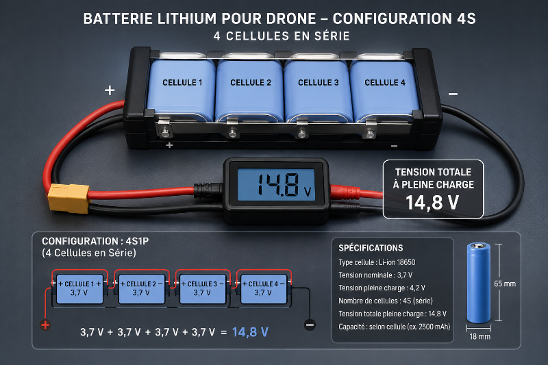 Composition d'une batterie au lithium avec ses cellules et voltage