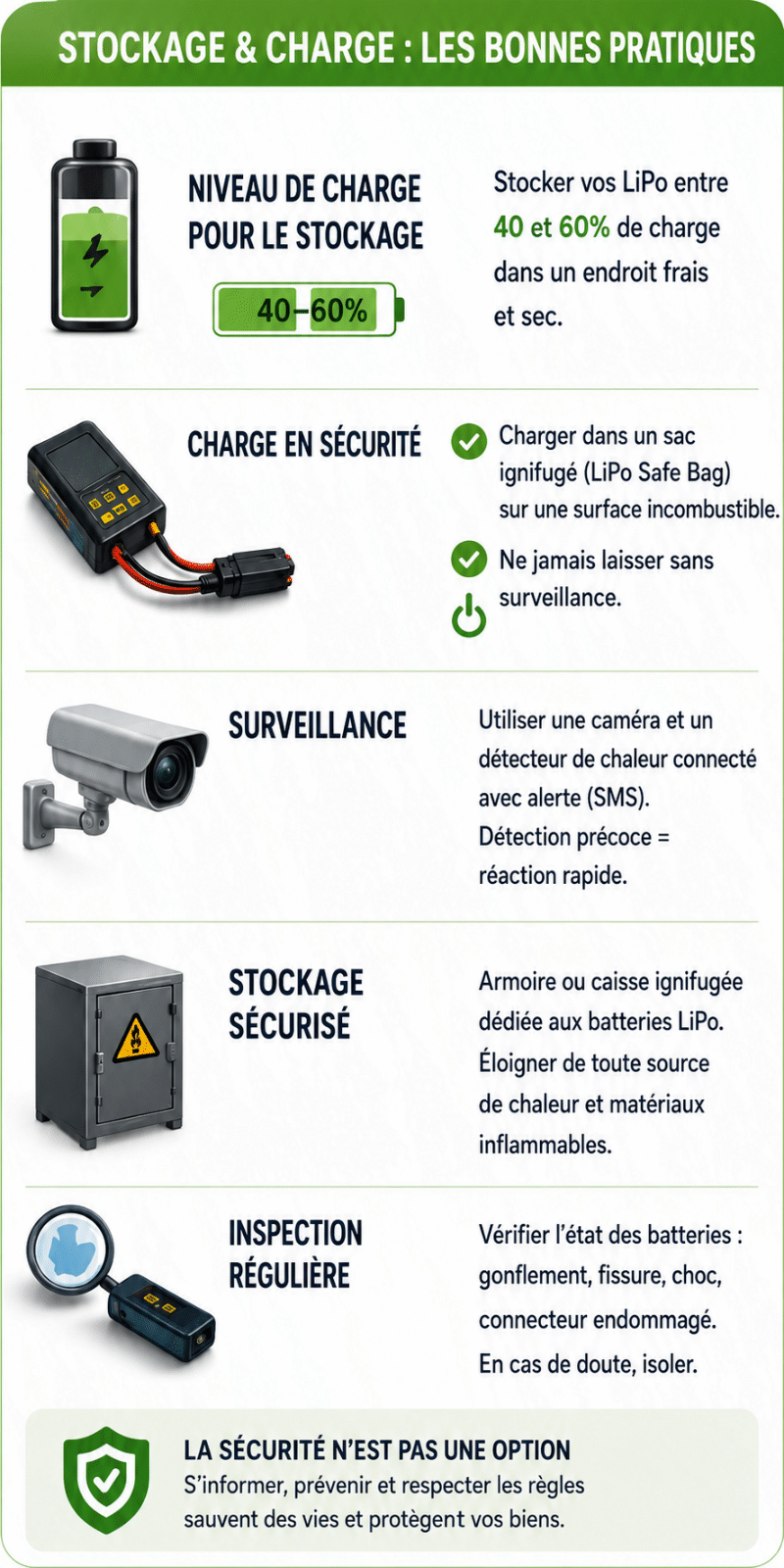 Tableau résumant les bonnes pratiques de charge et de stockage des batteries lithium