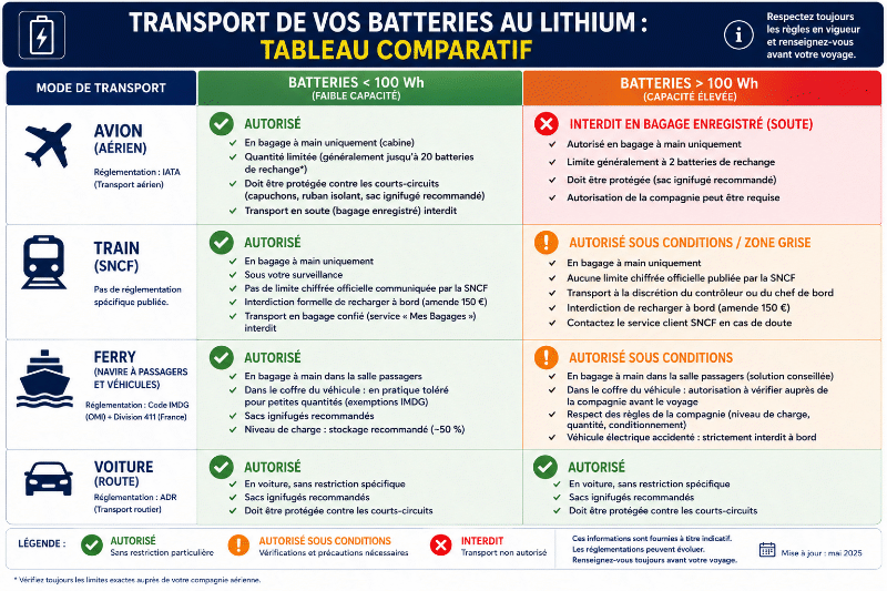 Tableau récapitulatif du transport de batteries lithium pour les différents modes de transports
