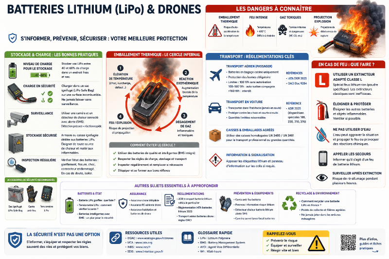 Résumé complet dans un montage illustré sur les batteries lithium pour drones et la sécurité